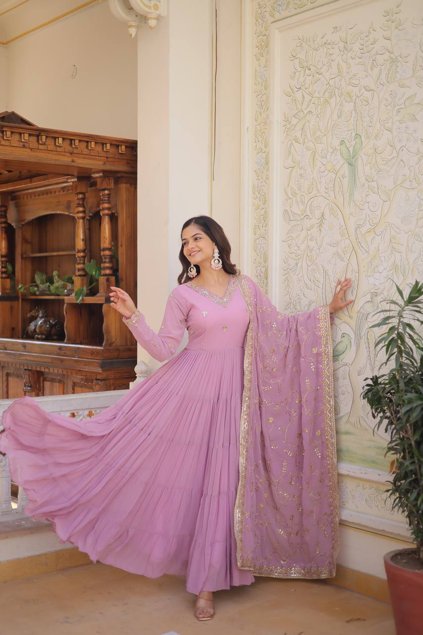 Unique Coloured Faux Georgette with Embroidered work GOWN-WITH-DUPATTA