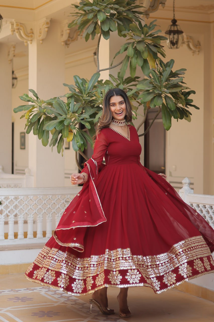 Faux Blooming Gown with Dupatta With Attractive Embroidered Sequins work gown collection