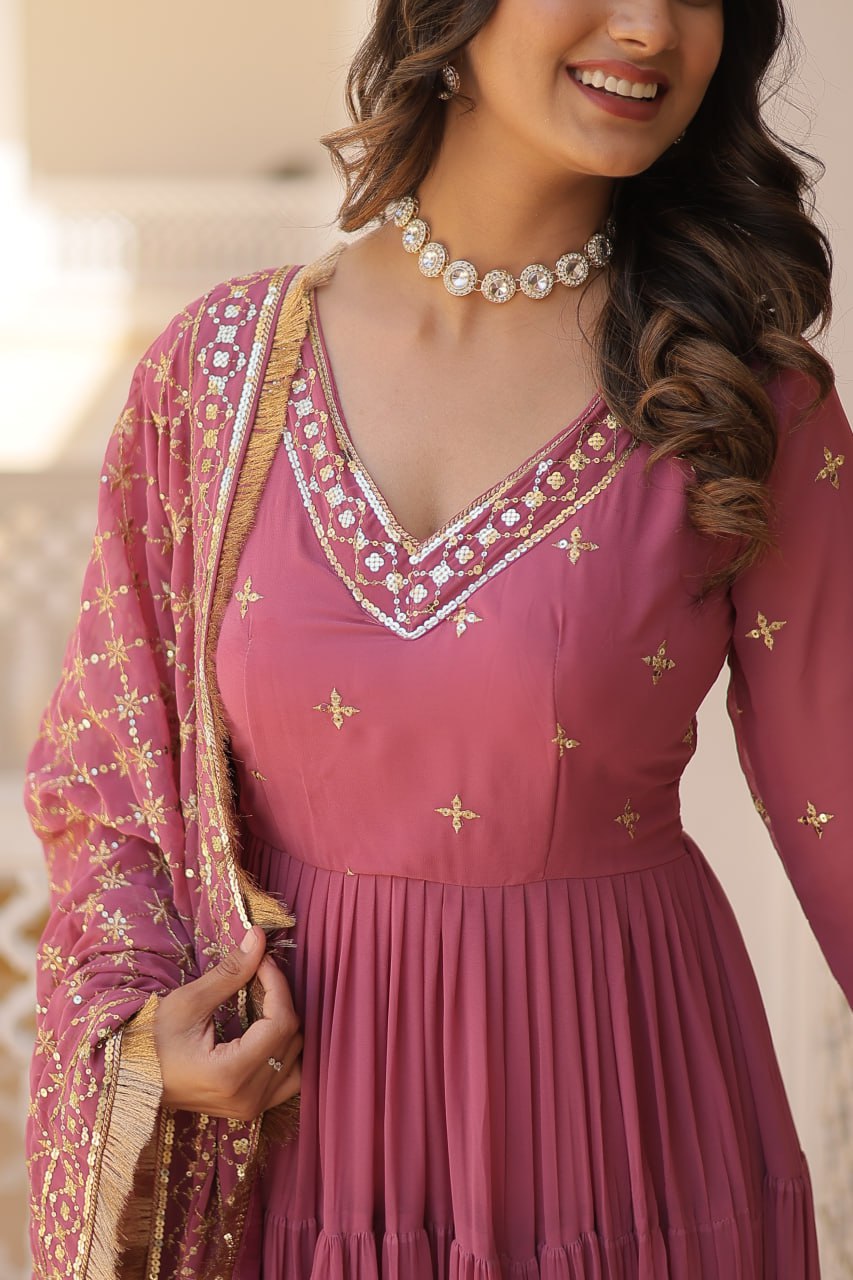 Designer Festive Wear Gown featuring Attractive Sequins Embroidery Work Gown With Dupatta