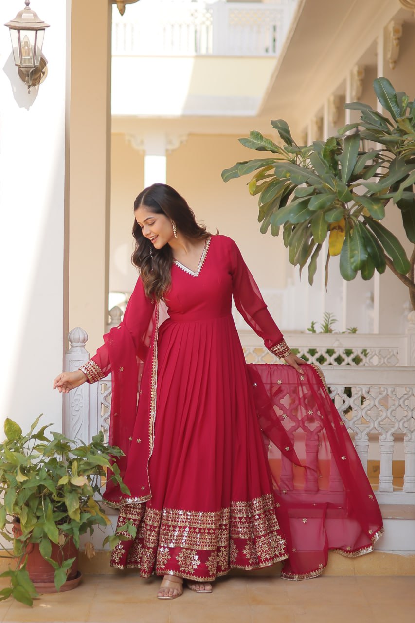 Faux Blooming Gown with Dupatta With Attractive Embroidered Sequins work gown collection