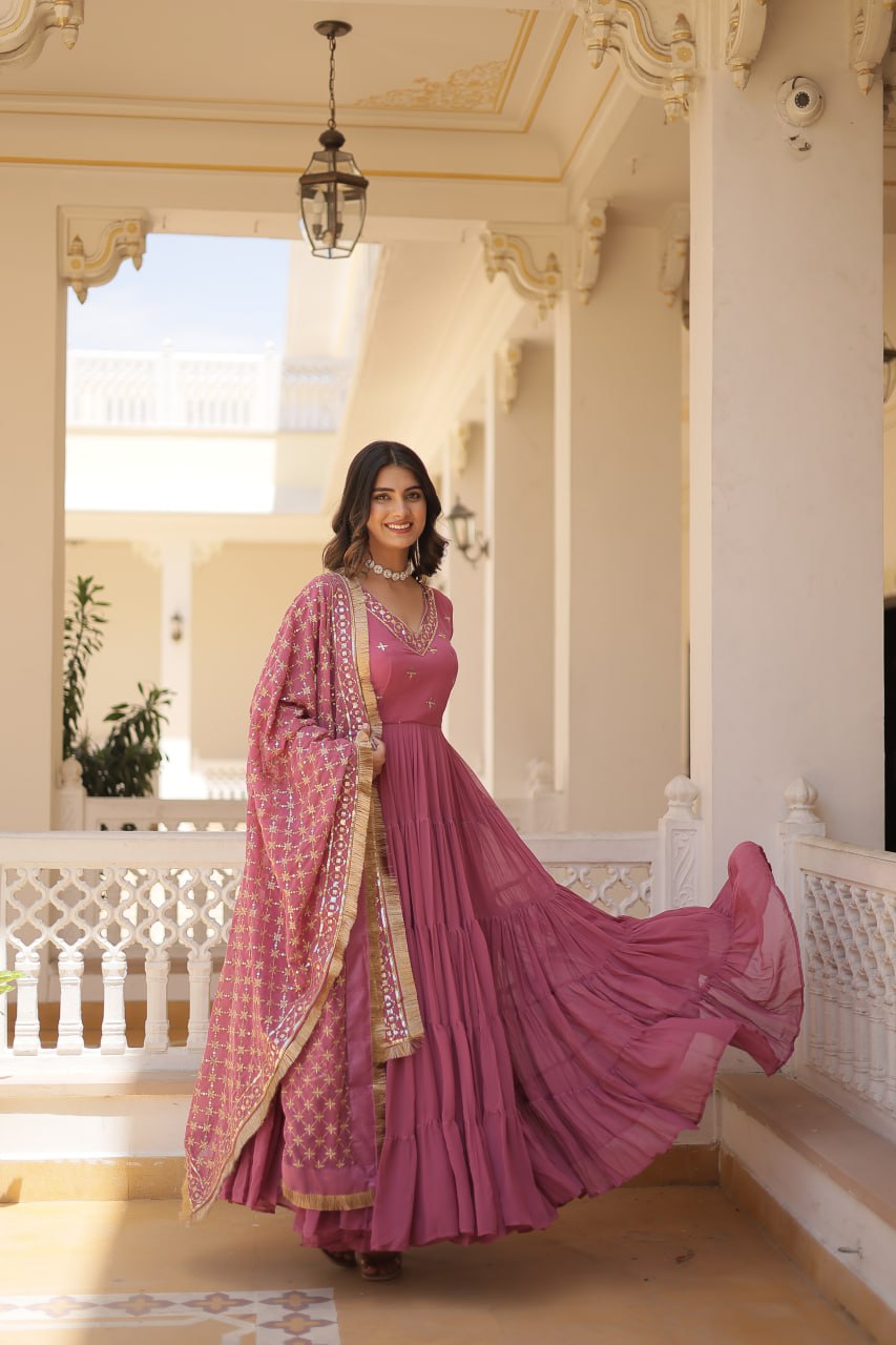 Designer Festive Wear Gown featuring Attractive Sequins Embroidery Work Gown With Dupatta