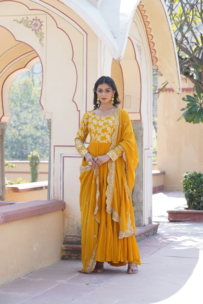 GOWN-DUPATTA COLLECTIONS Viscose Dyable Jacquard With Sequins Embroidered Work Faux Blooming Dupatta