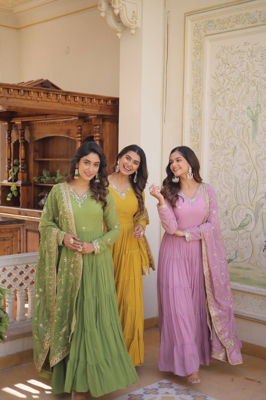 Unique Coloured Faux Georgette with Embroidered work GOWN-WITH-DUPATTA