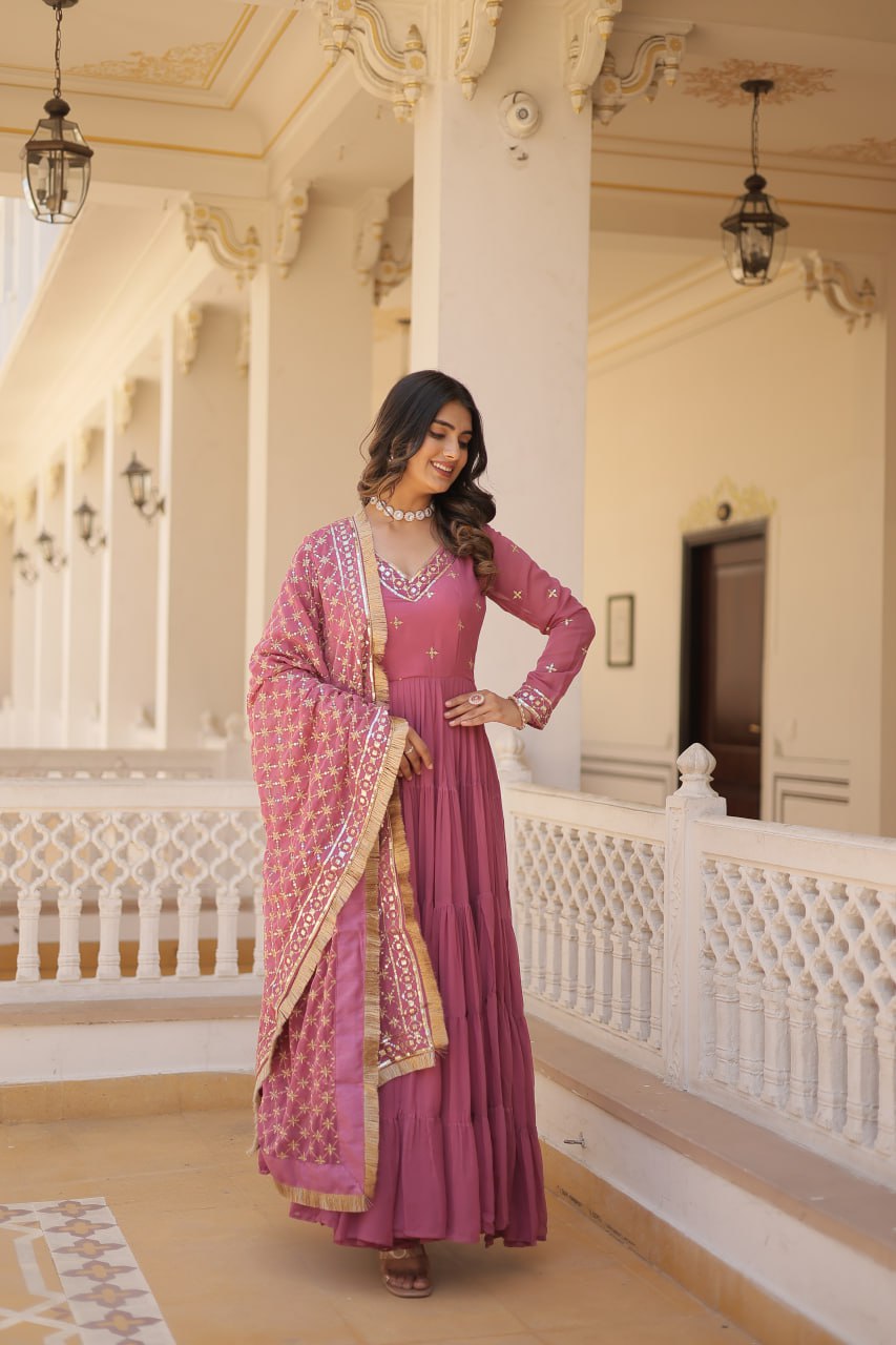 Designer Festive Wear Gown featuring Attractive Sequins Embroidery Work Gown With Dupatta