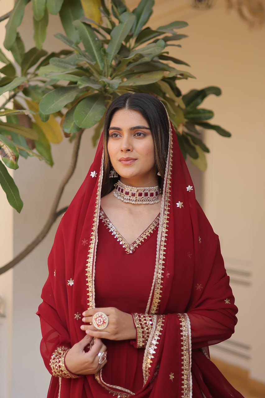 Faux Blooming Gown with Dupatta With Attractive Embroidered Sequins work gown collection
