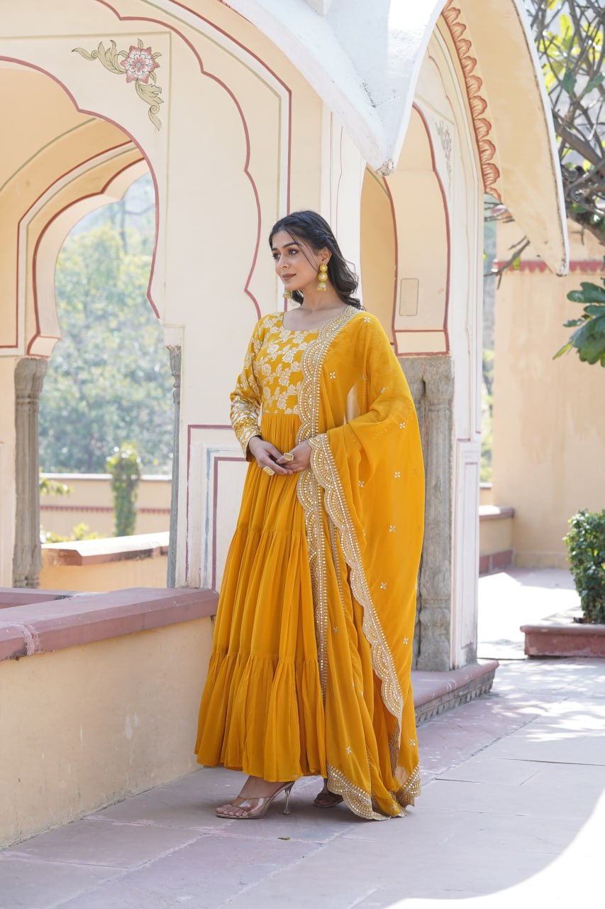 GOWN-DUPATTA COLLECTIONS Viscose Dyable Jacquard With Sequins Embroidered Work Faux Blooming Dupatta