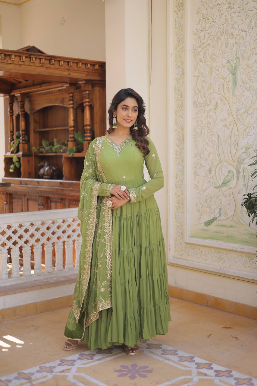 Unique Coloured Faux Georgette with Embroidered work GOWN-WITH-DUPATTA