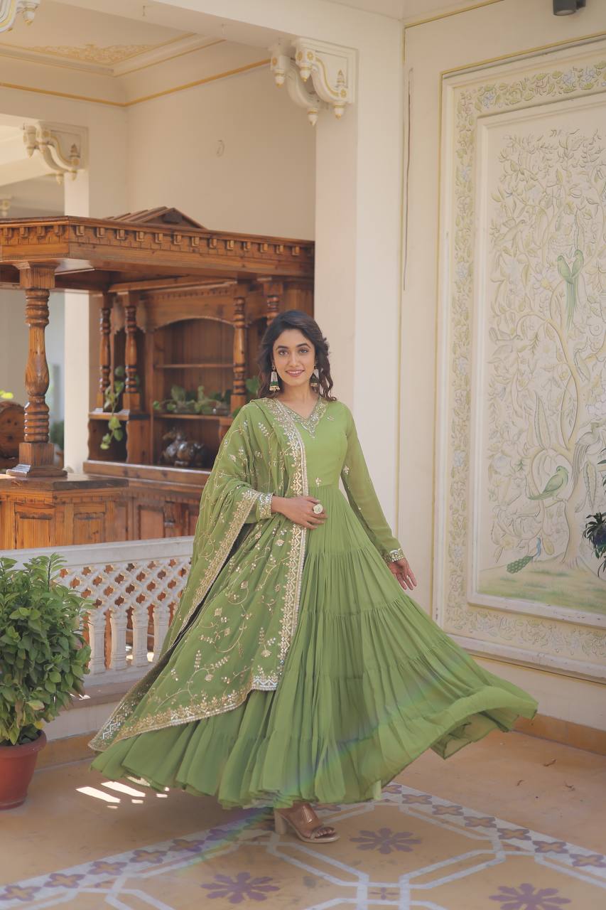 Unique Coloured Faux Georgette with Embroidered work GOWN-WITH-DUPATTA