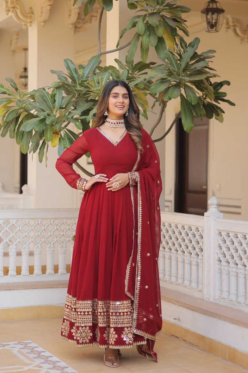 Faux Blooming Gown with Dupatta With Attractive Embroidered Sequins work gown collection