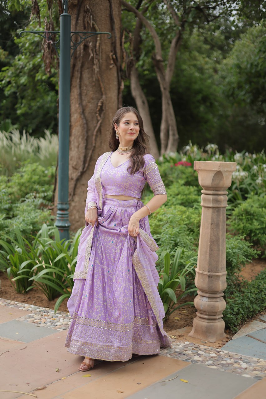 Viscose Dayble Jequard Fabric, Adorned With Intricate Sequins Embroidered Work Lehngha Collection