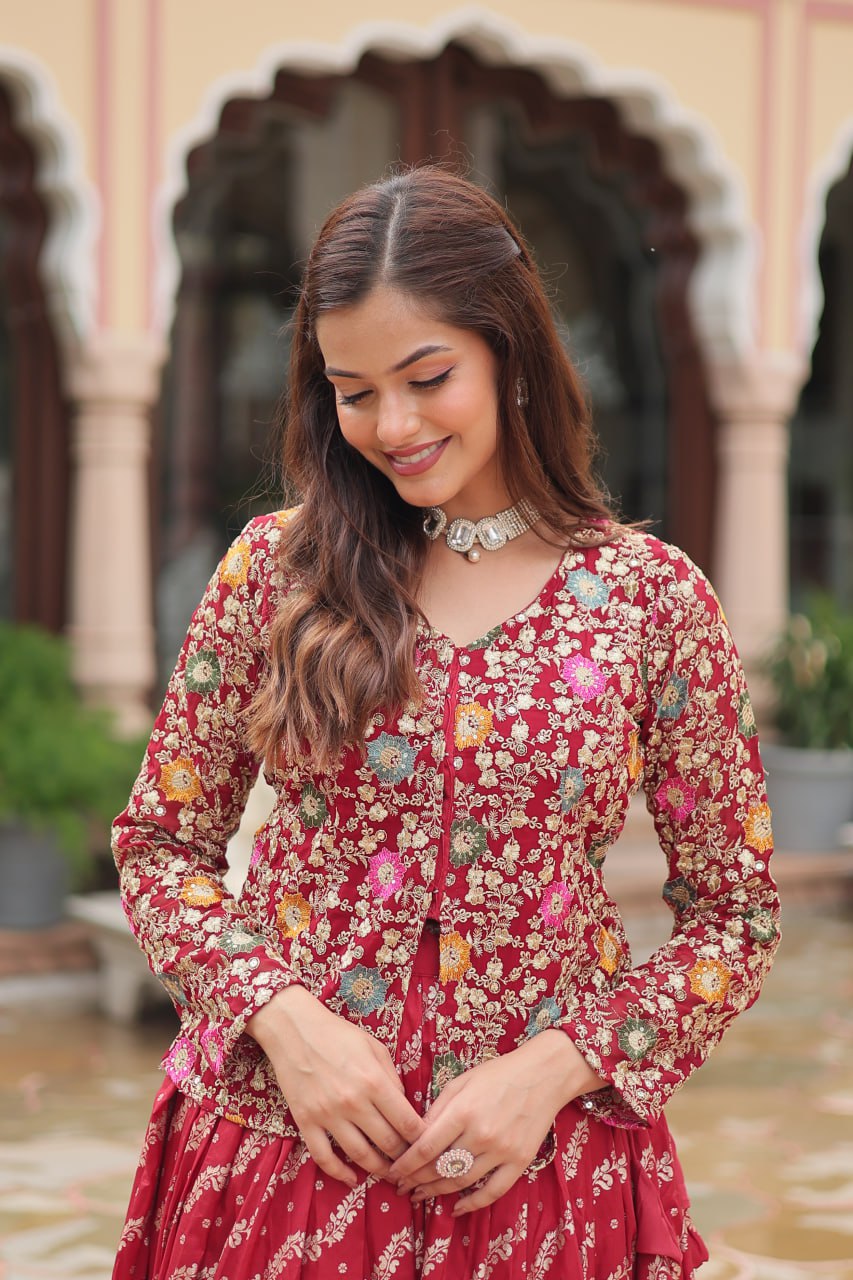 Trending Fashionable Co-ord Set with Rich Thread-Sequins Embroidered work Blouse and Dayble Viscose Lehenga