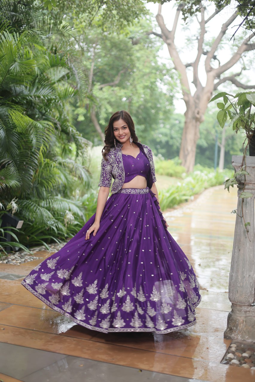 Trending Fashionable Co-ord Set with Rich Thread-Sequins Embroidered work Blouse and Dayble Viscose Lehenga Which looks Amazing for Any Functions. ๐ฅฐ