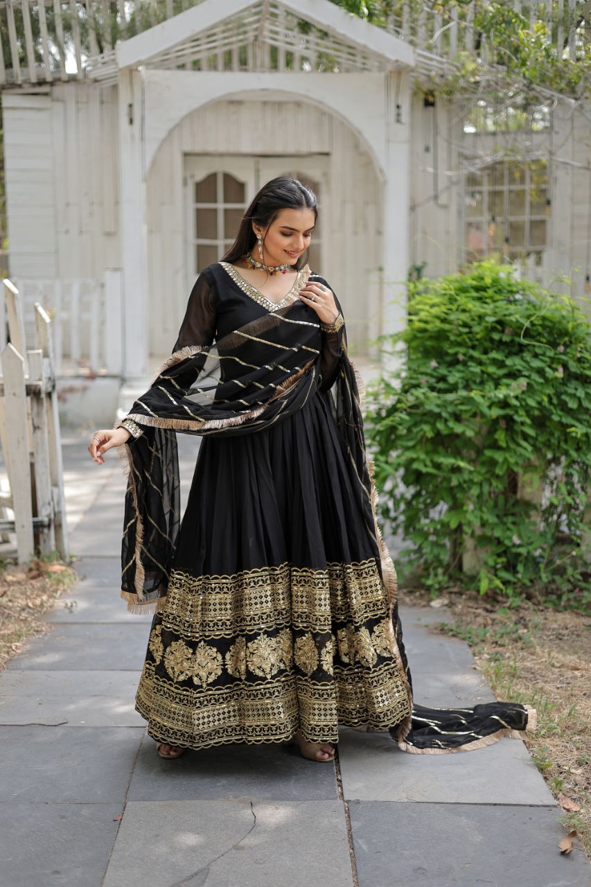 *Faux Blooming Gown with Dupatta With Attractive Embroidered Sequins work with Lace Border.