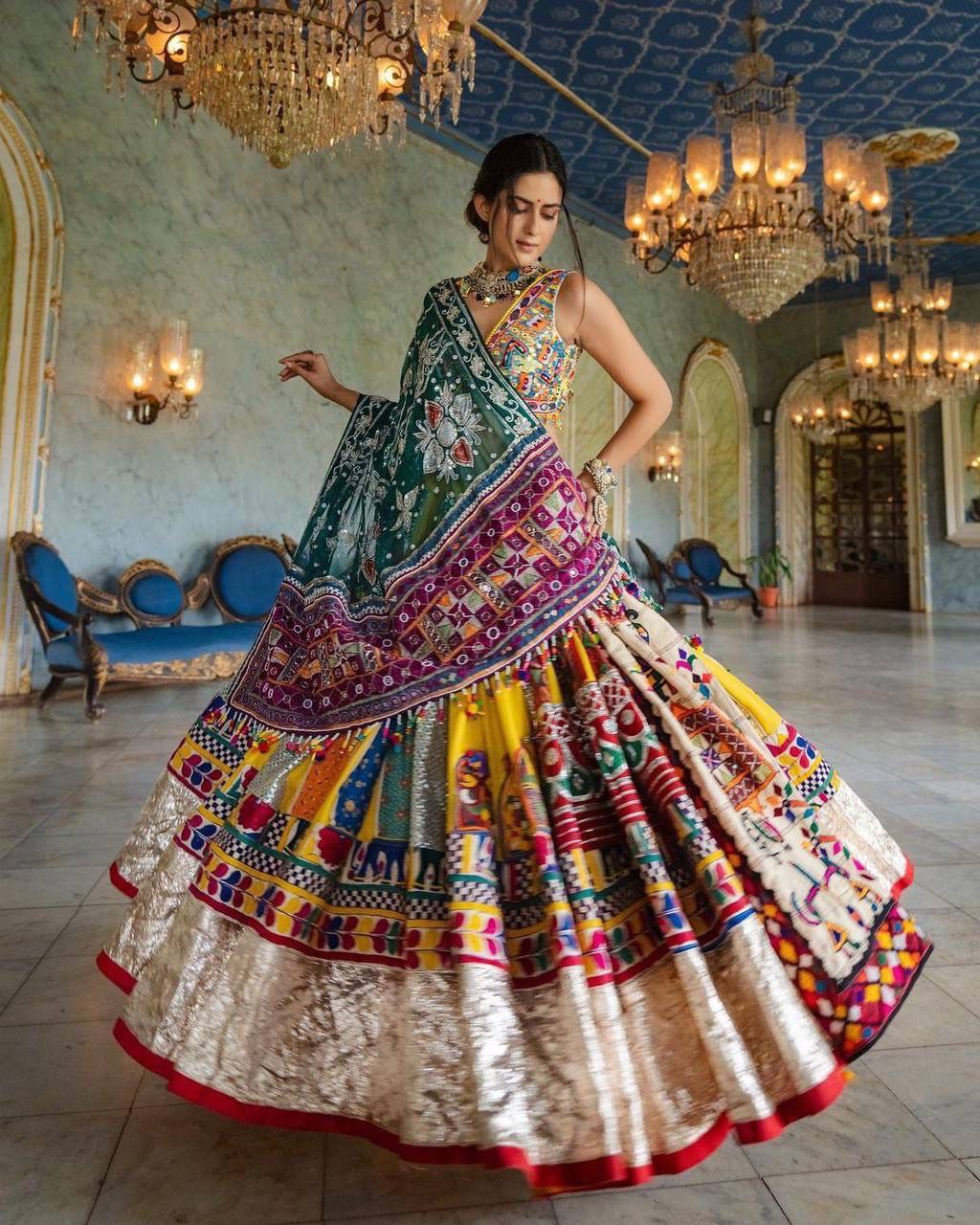 Multicolour Lehengha Choli With Dupatta And Heavy Mirror Work