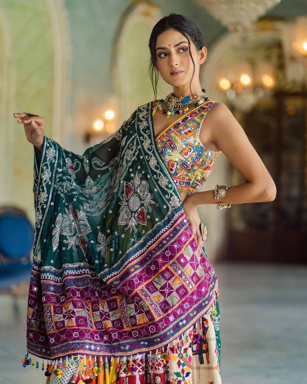 Multicolour Lehengha Choli With Dupatta And Heavy Mirror Work