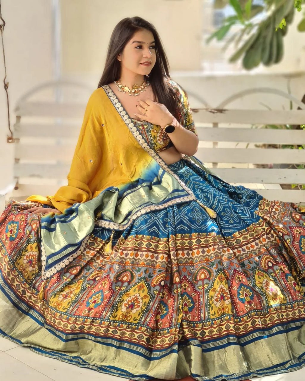 Blue - Yellow Bandhani Designer Lehenga Choli