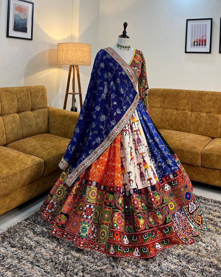 Multicolour Chex Design Lehengha Choli With Mirror Work