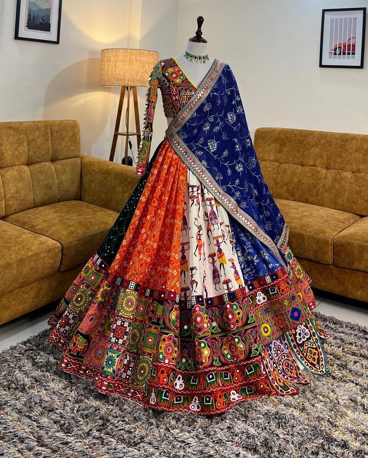Multicolour Chex Design Lehengha Choli With Mirror Work
