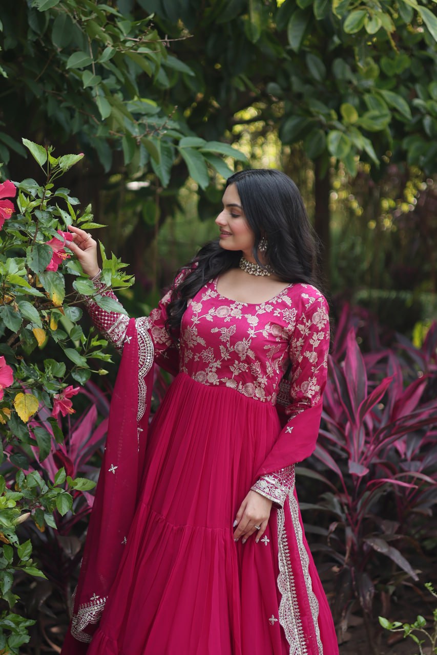 GOWN-DUPATTA COLLECTIONS Viscose Dyable Jacquard With Sequins Embroidered Work Faux Blooming Dupatta