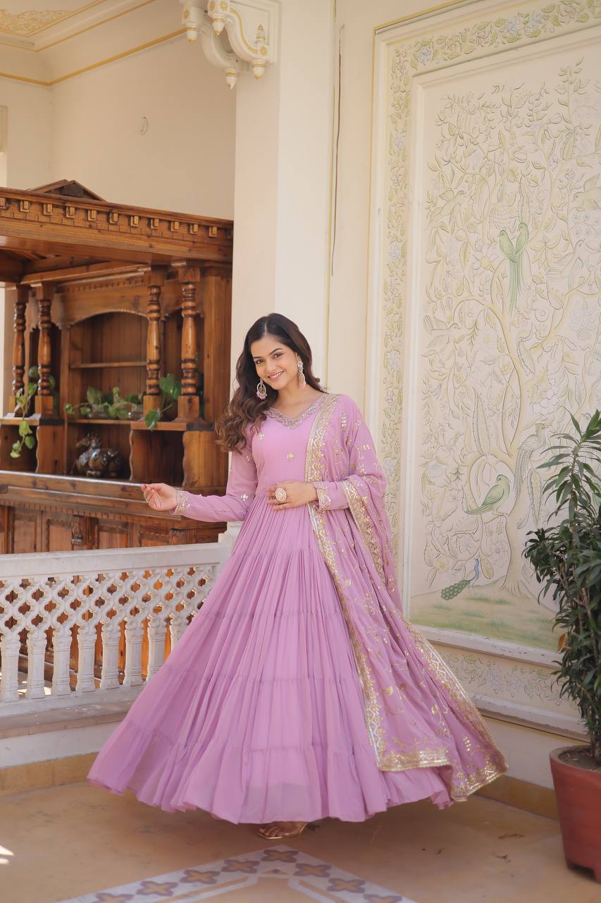 Unique Coloured Faux Georgette with Embroidered work GOWN-WITH-DUPATTA