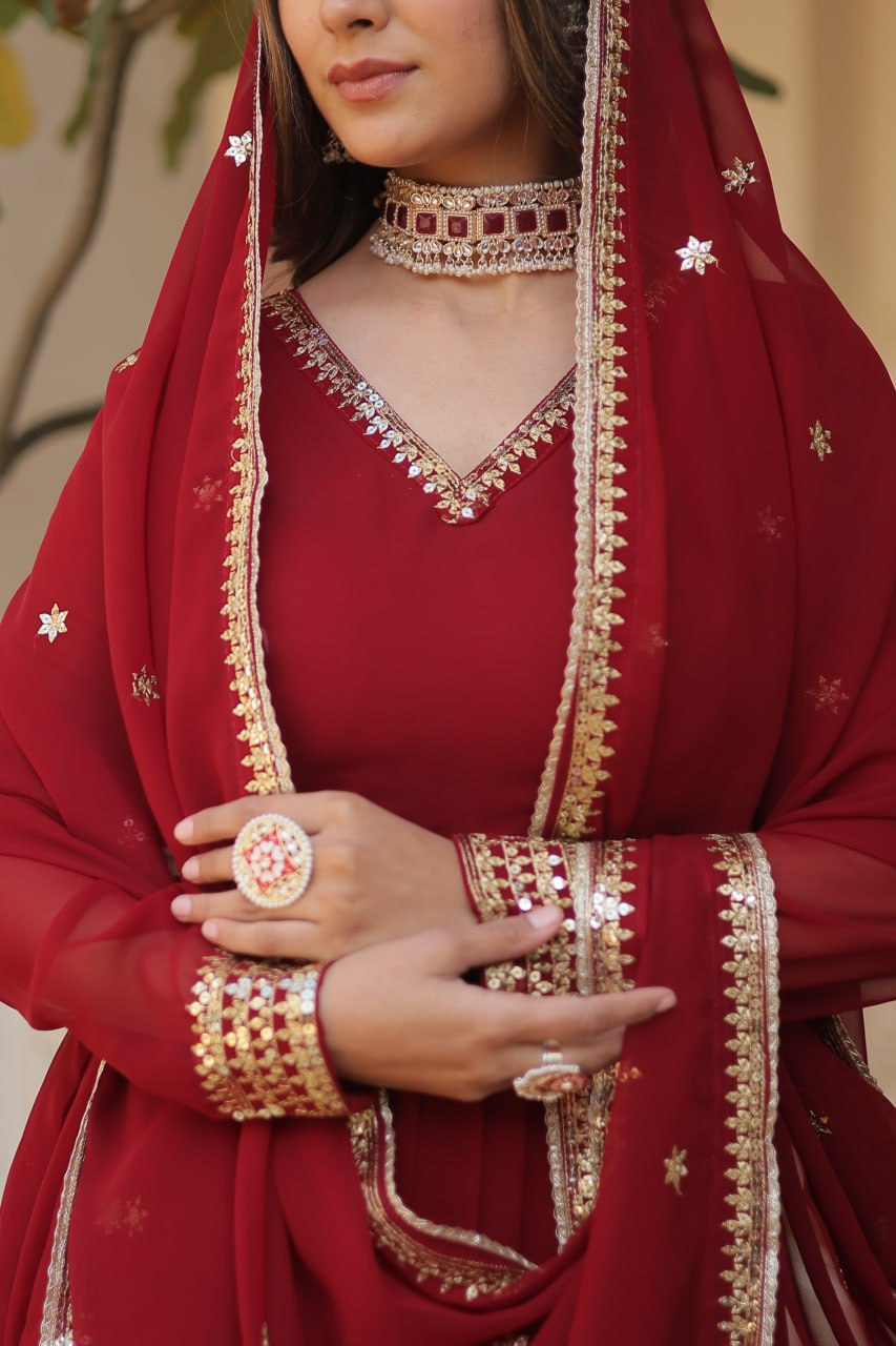 Faux Blooming Gown with Dupatta With Attractive Embroidered Sequins work gown collection