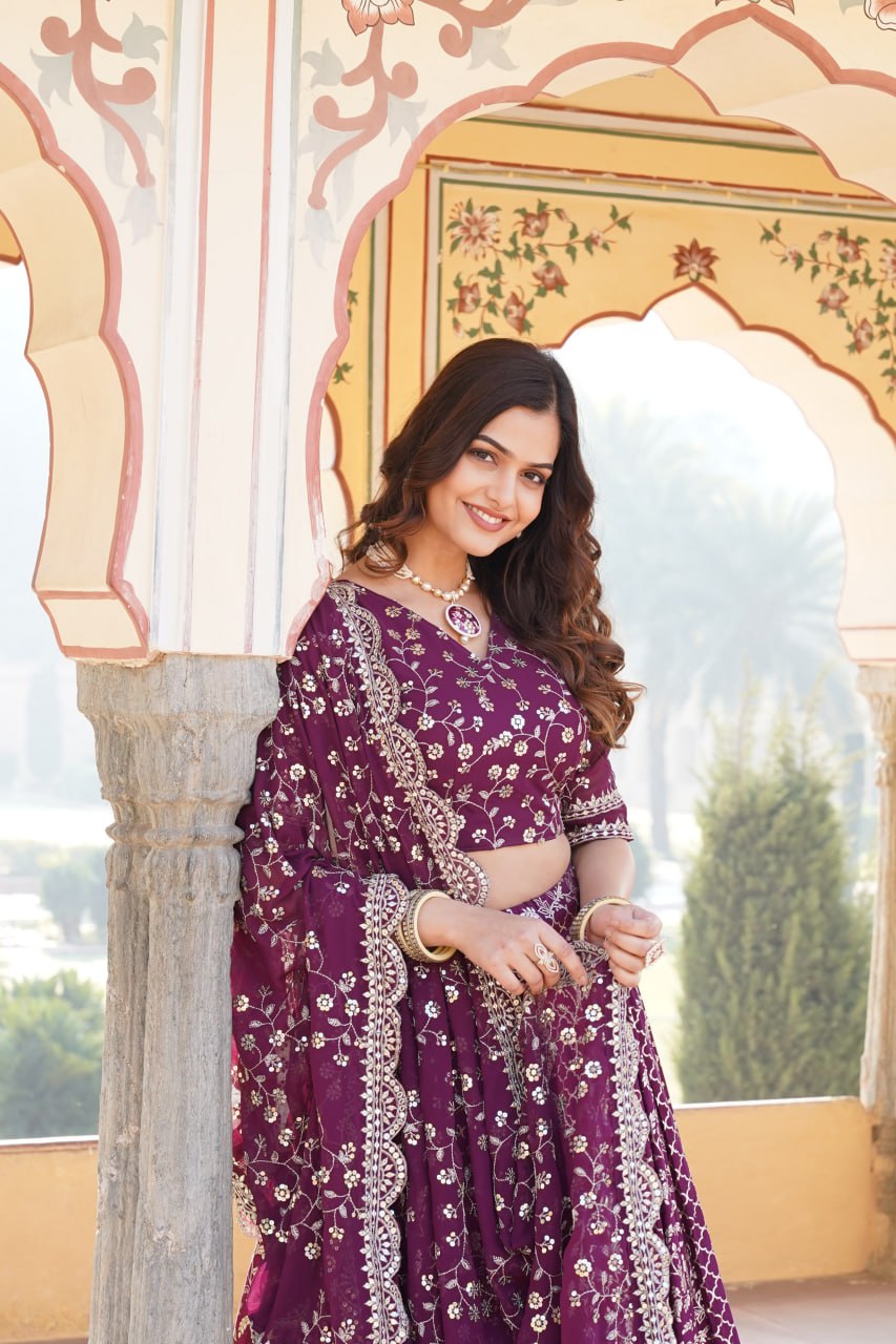 Viscose Dayble Jequard Fabric, Adorned With Intricate Sequins Embroidered Work Lehngha Collection