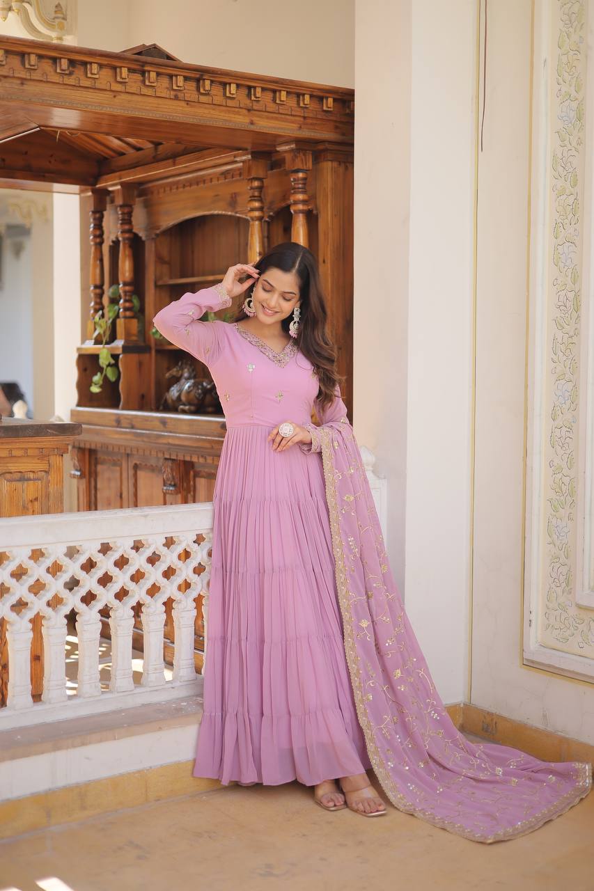Unique Coloured Faux Georgette with Embroidered work GOWN-WITH-DUPATTA