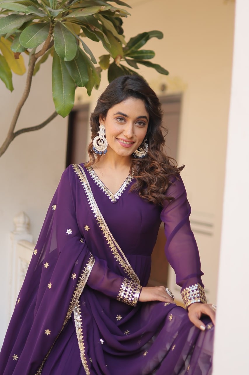 Faux Blooming Gown with Dupatta With Attractive Embroidered Sequins work gown collection