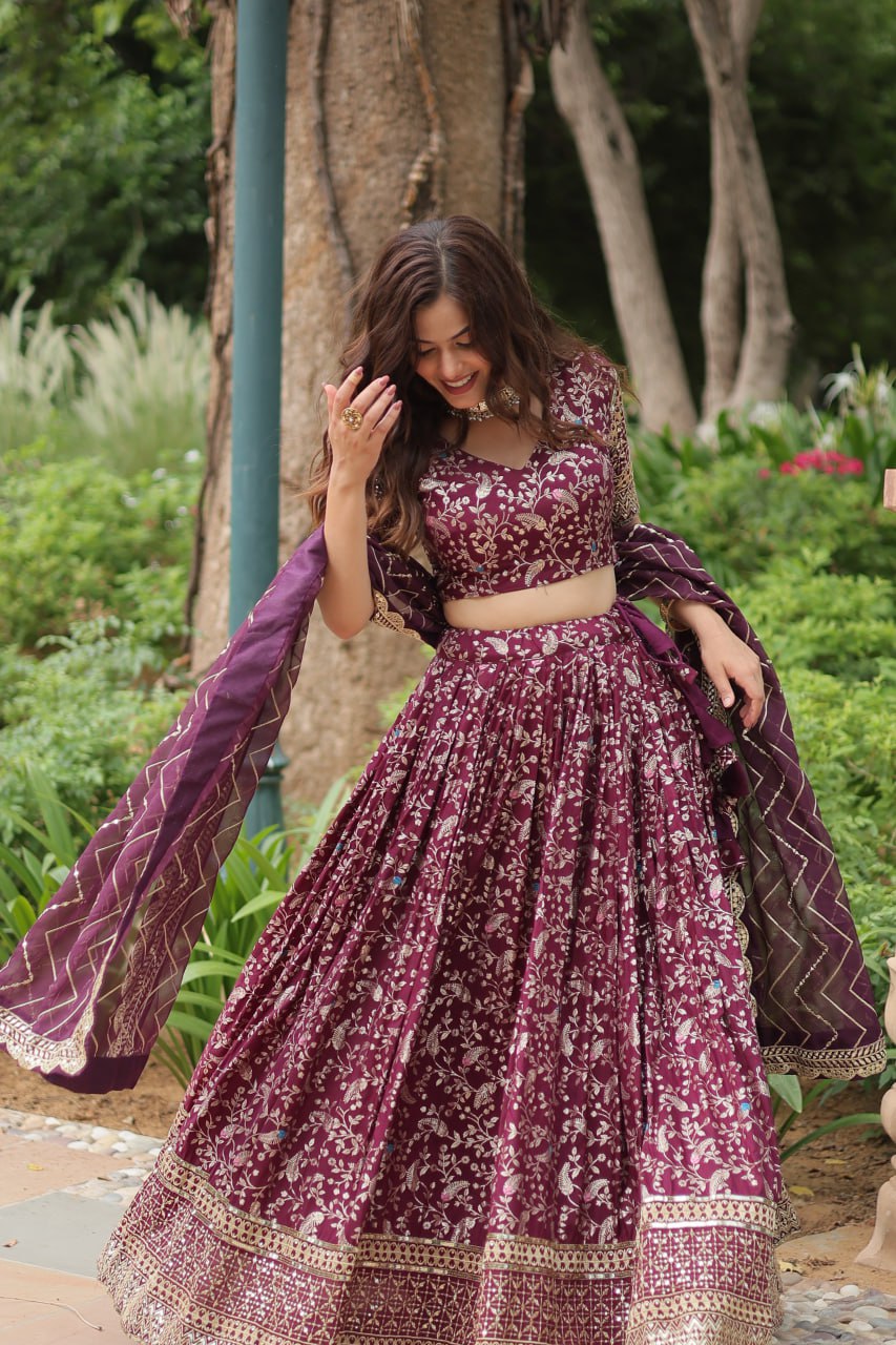 Viscose Dayble Jequard Fabric, Adorned With Intricate Sequins Embroidered Work Lehngha Collection