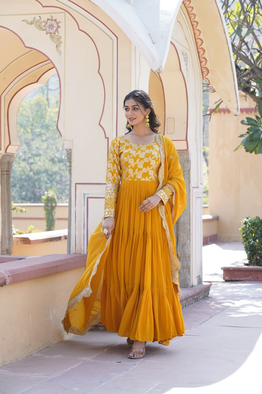 GOWN-DUPATTA COLLECTIONS Viscose Dyable Jacquard With Sequins Embroidered Work Faux Blooming Dupatta