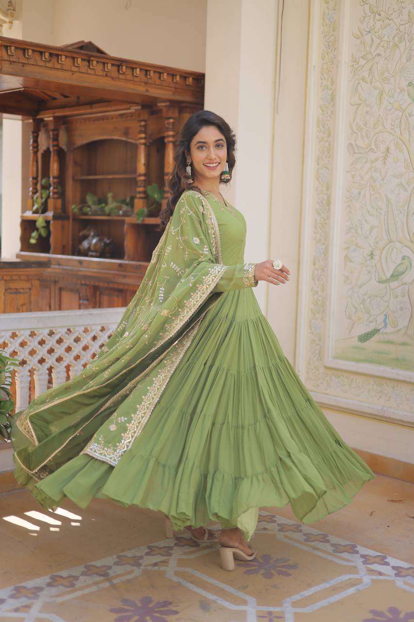 Unique Coloured Faux Georgette with Embroidered work GOWN-WITH-DUPATTA