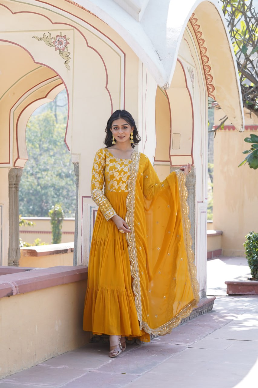 GOWN-DUPATTA COLLECTIONS Viscose Dyable Jacquard With Sequins Embroidered Work Faux Blooming Dupatta