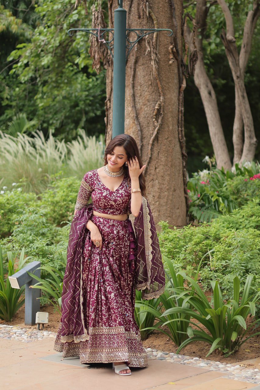Viscose Dayble Jequard Fabric, Adorned With Intricate Sequins Embroidered Work Lehngha Collection