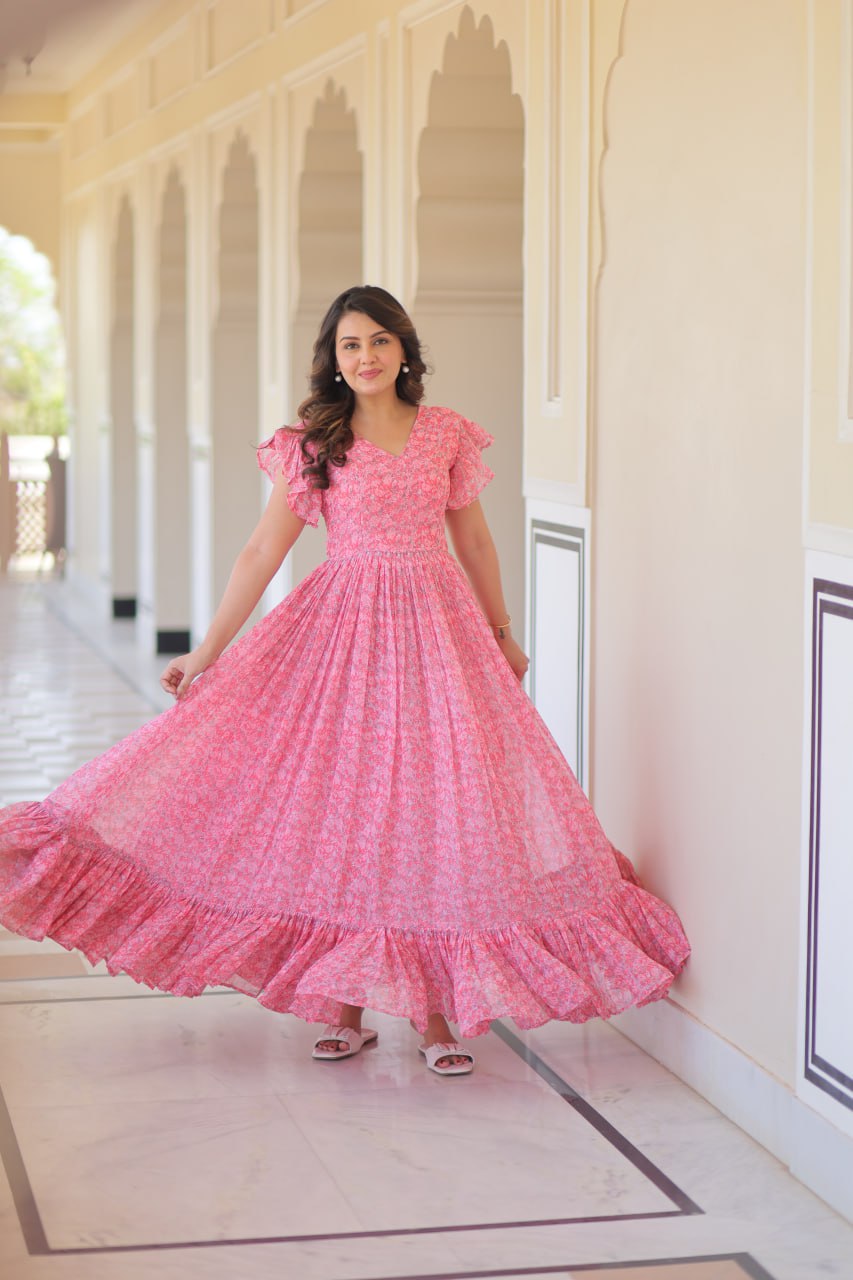 Desirable Women's Full Flaired Gown Made With Faux Georgette Fabrics With Print