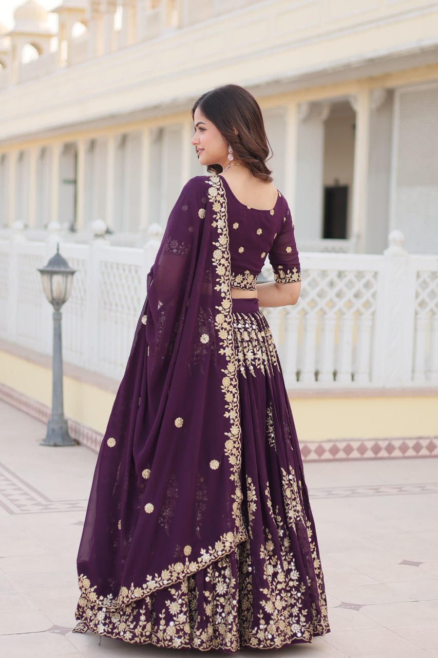 Trending Wine Embroidered Fully Flaired Georgette Lehenga Made with Rich Sequins And Thread Embroidered Work