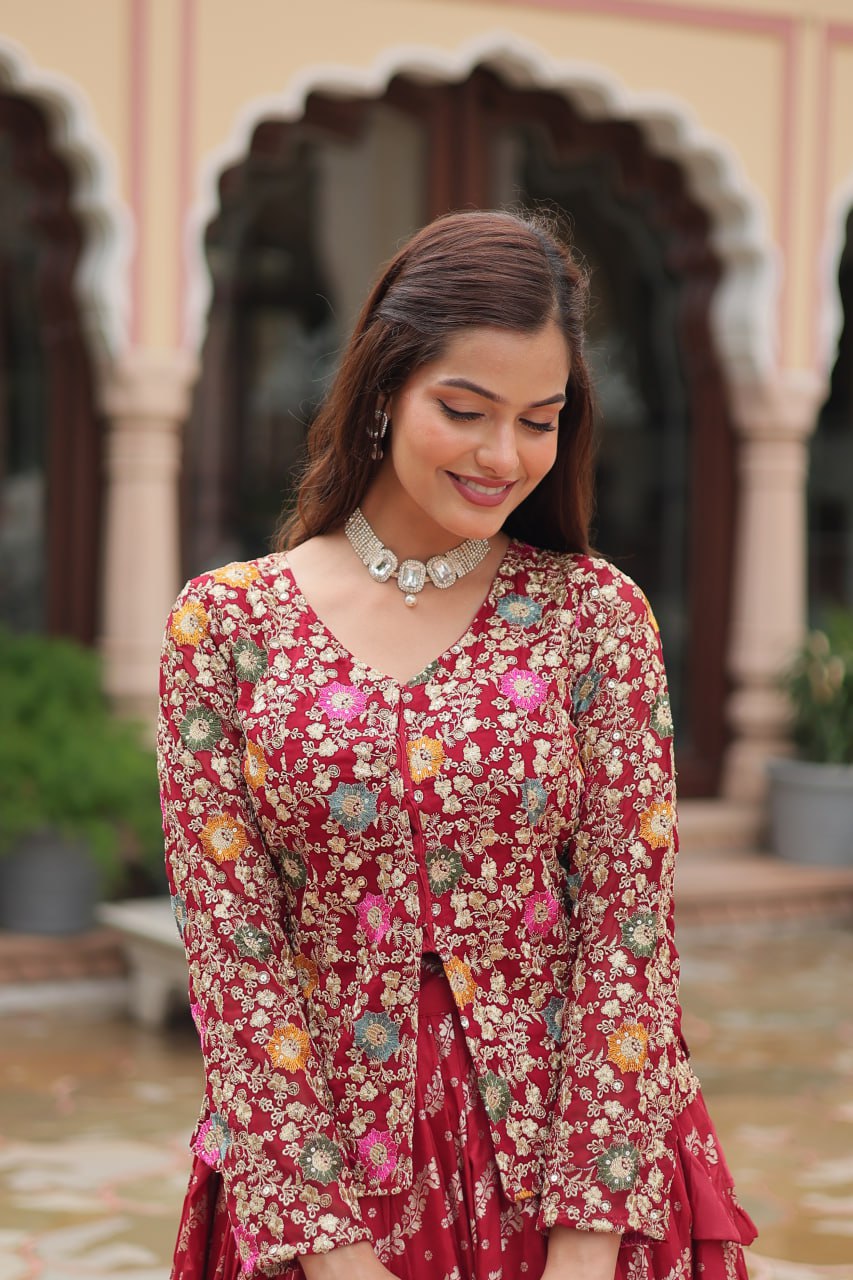 Trending Fashionable Co-ord Set with Rich Thread-Sequins Embroidered work Blouse and Dayble Viscose Lehenga
