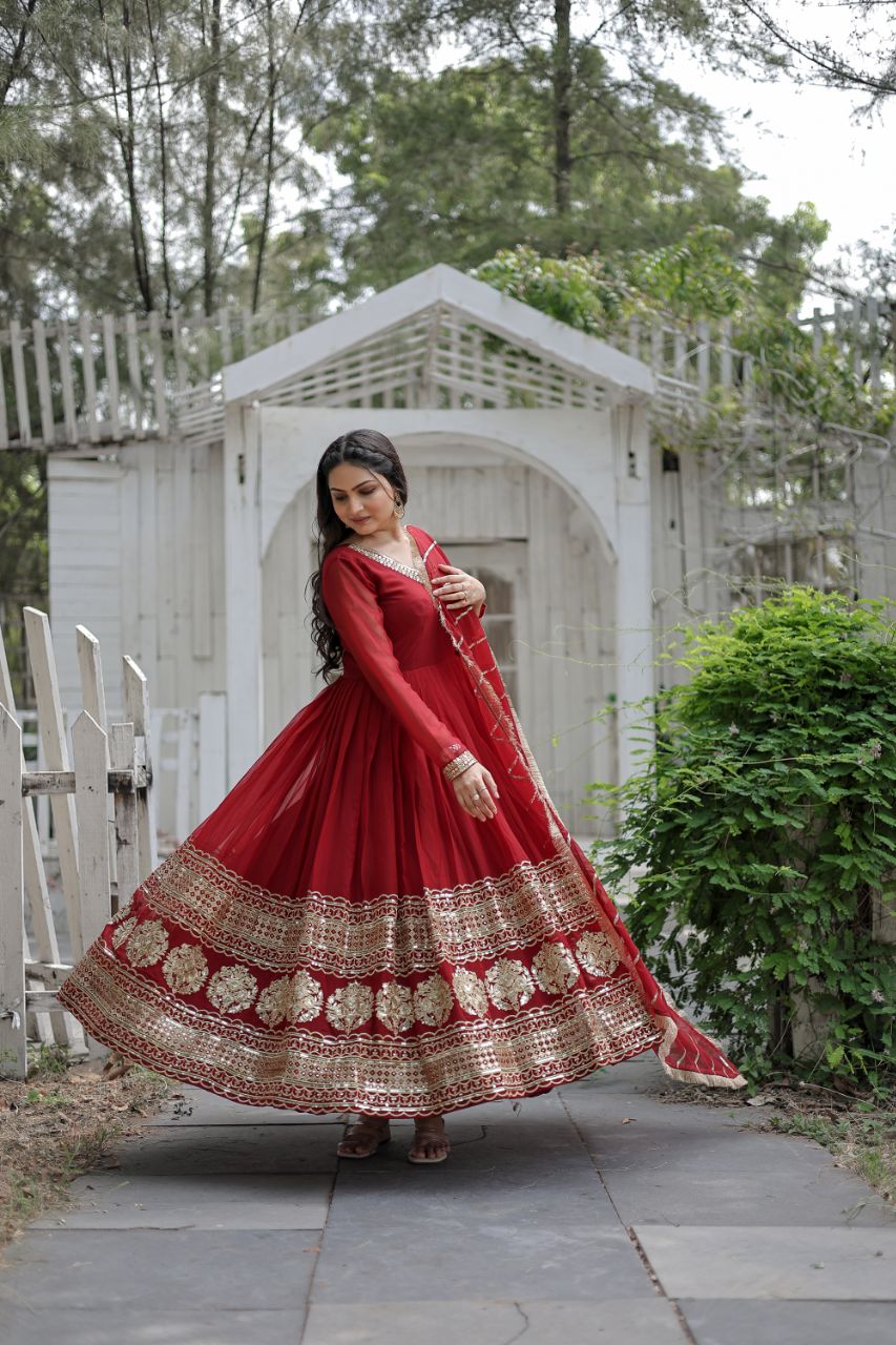 *Faux Blooming Gown with Dupatta With Attractive Embroidered Sequins work with Lace Border.