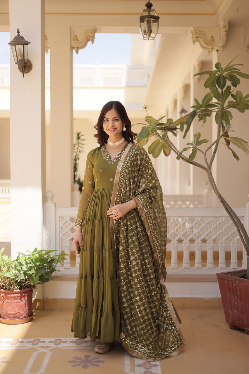 Designer Festive Wear Gown featuring Attractive Sequins Embroidery Work Gown With Dupatta