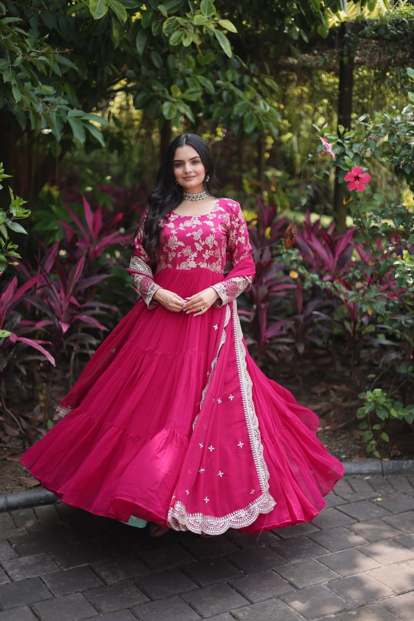 GOWN-DUPATTA COLLECTIONS Viscose Dyable Jacquard With Sequins Embroidered Work Faux Blooming Dupatta