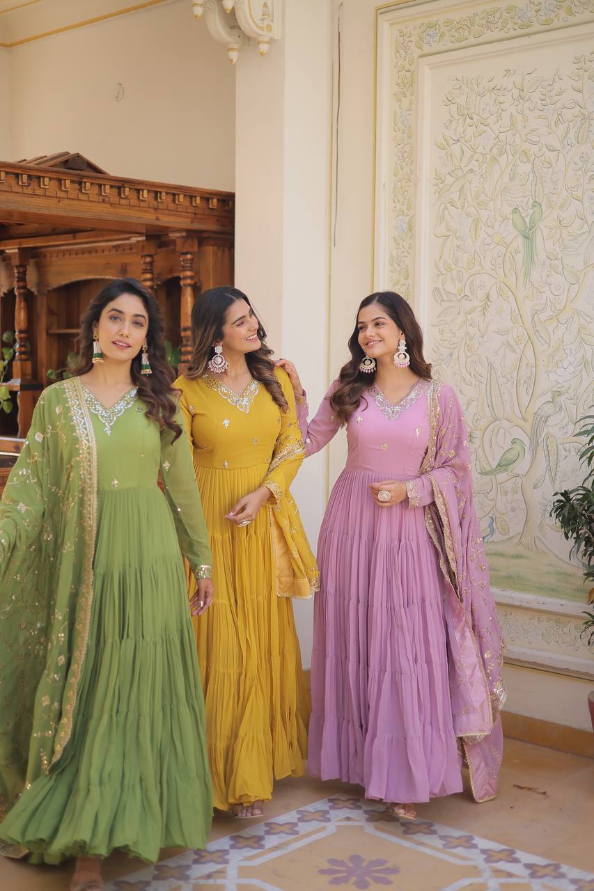 Unique Coloured Faux Georgette with Embroidered work GOWN-WITH-DUPATTA