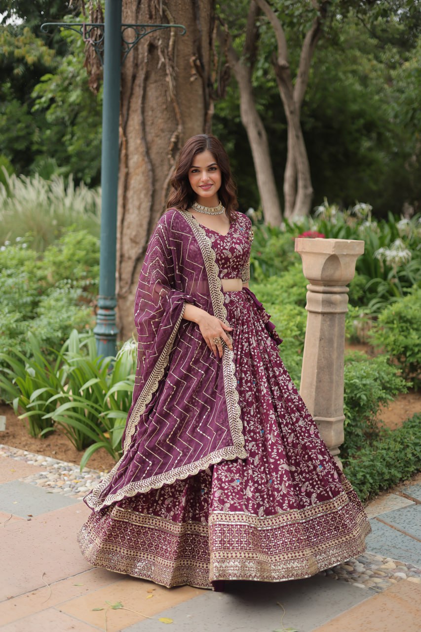 Viscose Dayble Jequard Fabric, Adorned With Intricate Sequins Embroidered Work Lehngha Collection