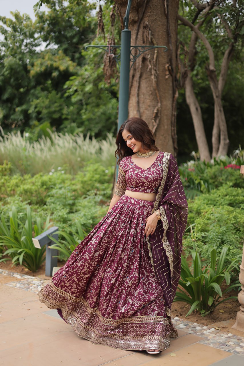 Viscose Dayble Jequard Fabric, Adorned With Intricate Sequins Embroidered Work Lehngha Collection