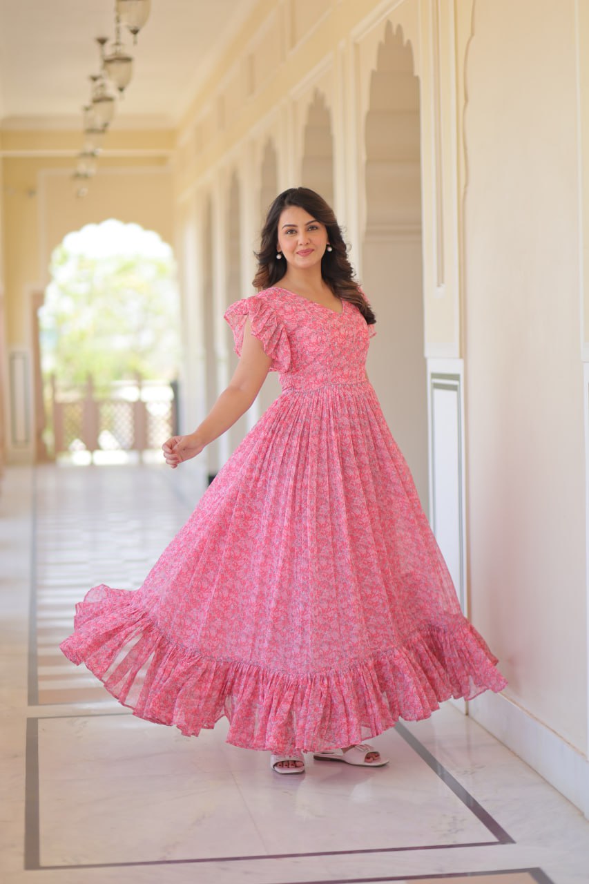 Desirable Women's Full Flaired Gown Made With Faux Georgette Fabrics With Print
