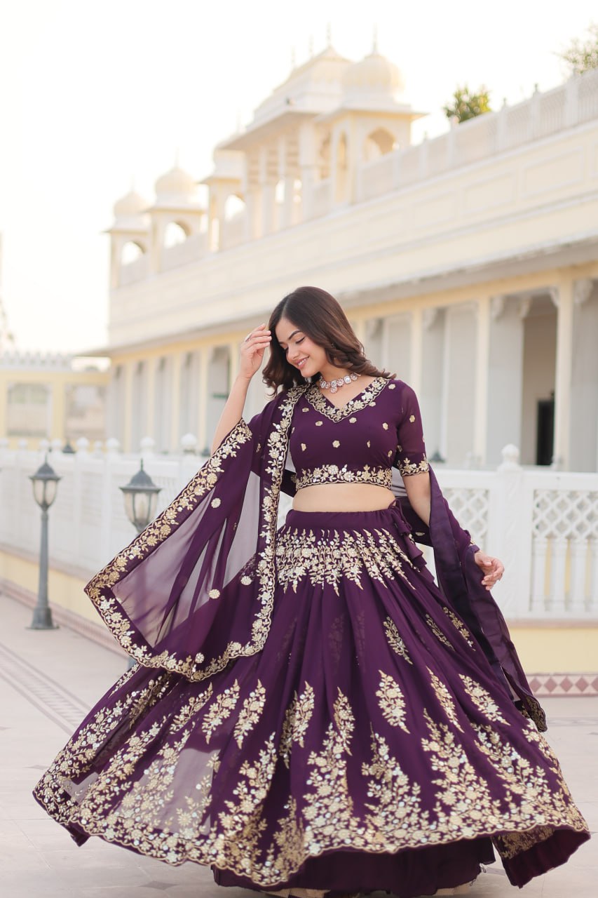Trending Wine Embroidered Fully Flaired Georgette Lehenga Made with Rich Sequins And Thread Embroidered Work