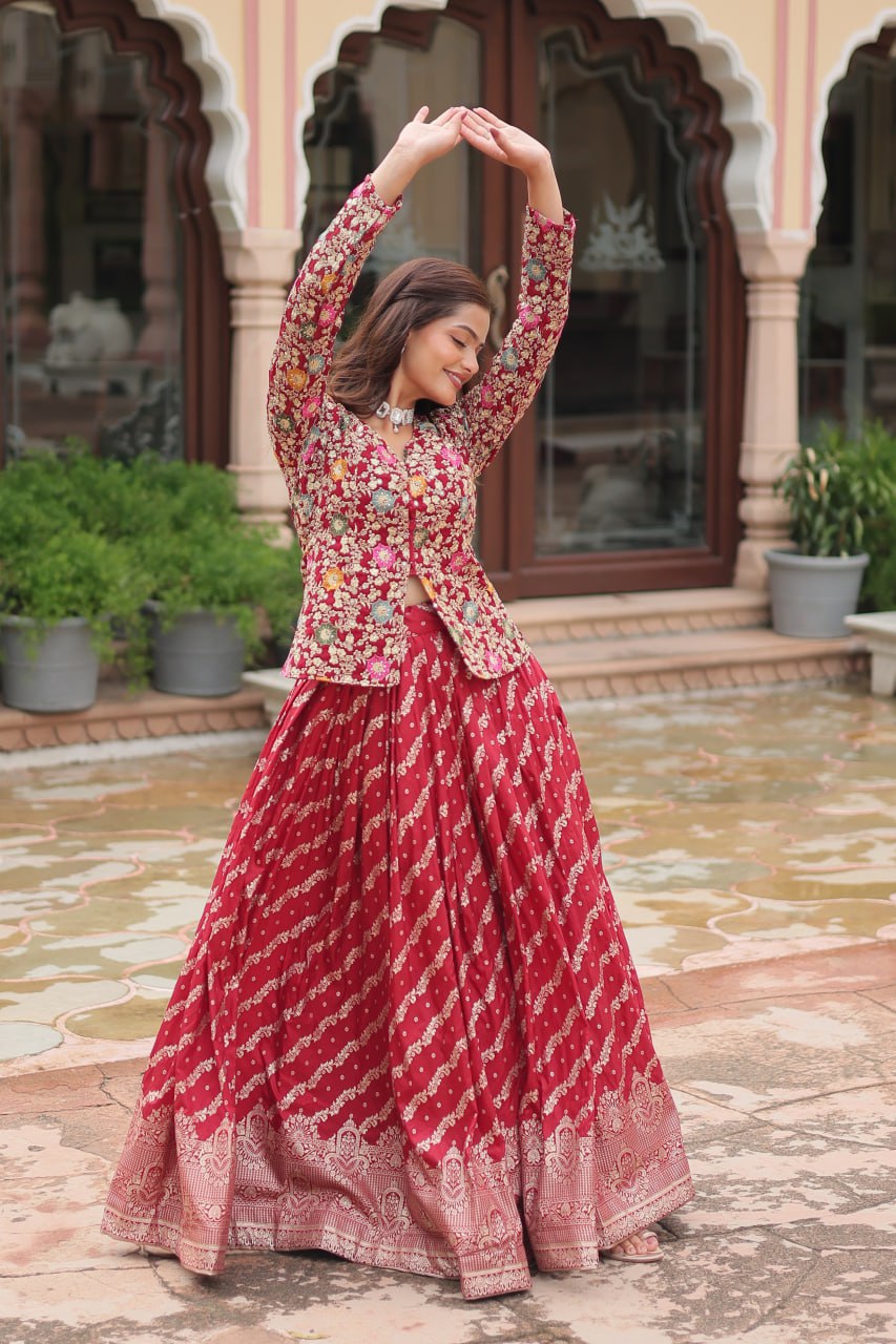Trending Fashionable Co-ord Set with Rich Thread-Sequins Embroidered work Blouse and Dayble Viscose Lehenga