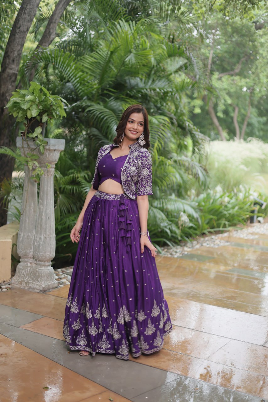 Trending Fashionable Co-ord Set with Rich Thread-Sequins Embroidered work Blouse and Dayble Viscose Lehenga Which looks Amazing for Any Functions. ๐ฅฐ