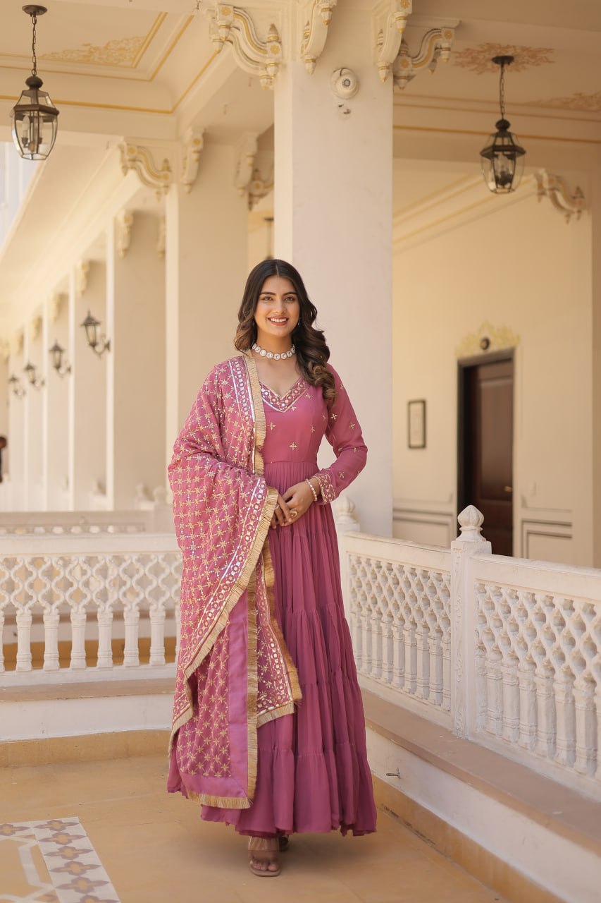 Designer Festive Wear Gown featuring Attractive Sequins Embroidery Work Gown With Dupatta