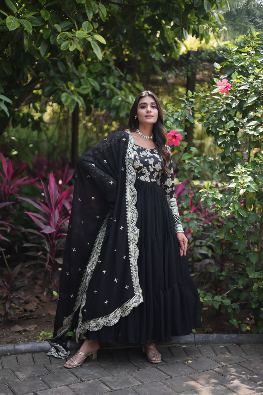GOWN-DUPATTA COLLECTIONS Viscose Dyable Jacquard With Sequins Embroidered Work Faux Blooming Dupatta