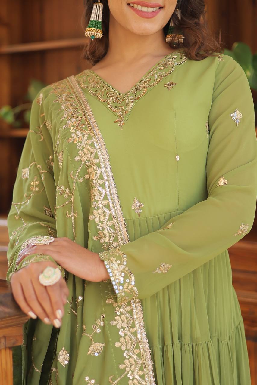 Unique Coloured Faux Georgette with Embroidered work GOWN-WITH-DUPATTA