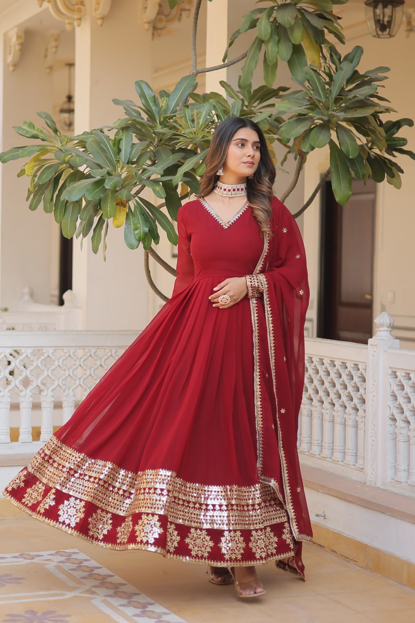 Faux Blooming Gown with Dupatta With Attractive Embroidered Sequins work gown collection